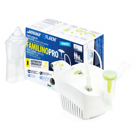 Aparat aerosoli Novama Familino Pro by Flaem, nebulizator cu compresor, Irigator nazal Rhino Clear Ergo, filtru de rezerva Porex, 2 moduri de nebulizare, dimensiuni particule reglabile, masca copii si adulti, fara ftalati si BPA, Alb [1]