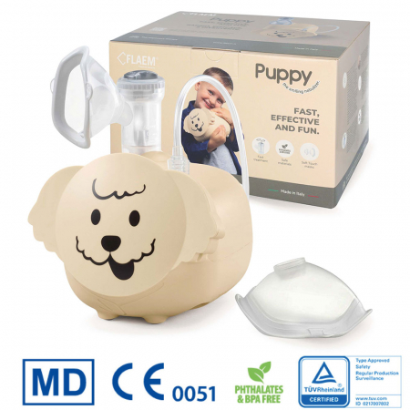 Aparate aerosoli - Aparat de aerosoli Flaem Puppy, fabricat in Italia, functionare continua, 2 viteze de nebulizare, pahar RF8 Dual Speed, masca copii si adulti Soft Touch, Bej