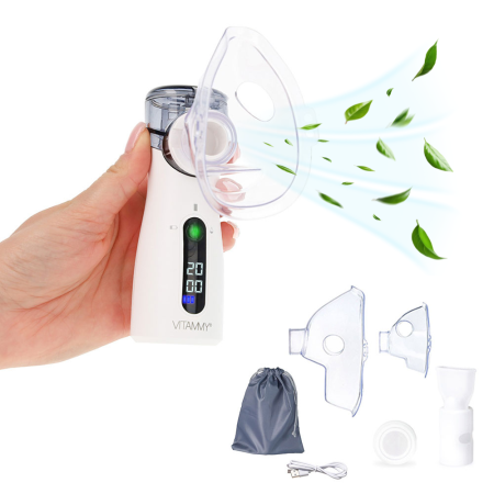 Aparate aerosoli - Aparat aerosoli cu tehnologie mesh Vitammy eMESH, afisaj digital, cronometru timp inhalare, functie de autocuratare, incarcare USB-C, masca pentru copii si adulti, mustiuc, saculet pentru transport