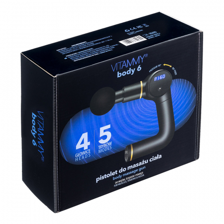Aparat de masaj ergonomic tip pistol Vitammy Body 6, portabil, 4 capete de masaj, 5 trepte de viteza, baterie litiu-ion, USB-C, Negru [3]