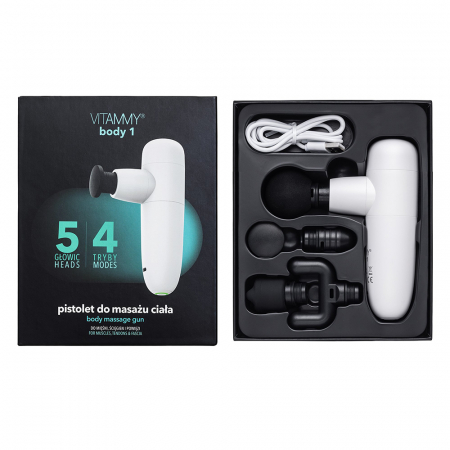Aparat de masaj tip pistol Vitammy Body 1, portabil, 5 capete de masaj, 4 trepte de viteza, baterie litiu-ion, USB-C, Alb [6]