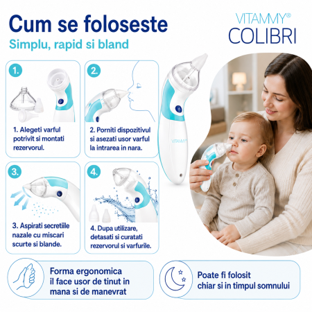 Aspirator nazal electric VITAMMY Colibri, 2 varfuri de silicon, pentru copii 0 - 12 ani, Model #NS14 [2]