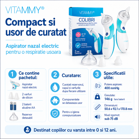 Aspirator nazal electric VITAMMY Colibri, 2 varfuri de silicon, pentru copii 0 - 12 ani, Model #NS14 [4]