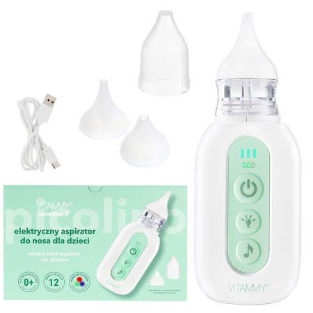 Aspiratoare si irigatoare nazale - Aspirator nazal electric Vitammy Picolino 7, pentru copii din prima zi de viata, 2 capete de schimb, 3 niveluri de putere, 12 melodii, iluminare colorata, incarcare USB-C