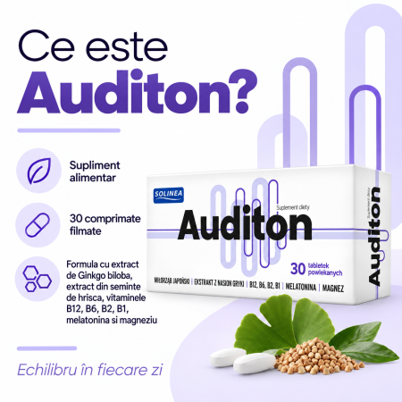 Supliment alimentar Solinea Auditon, pentru sustinerea auzului si microcirculatiei, cu extracte vegetale, vitamine, magneziu si melatonina, 30 comprimate [1]