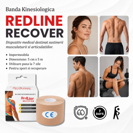 Banda Kinesiologica RedLine Recover Bej, impermeabila, fara latex, 5 cm x 5 m [4]