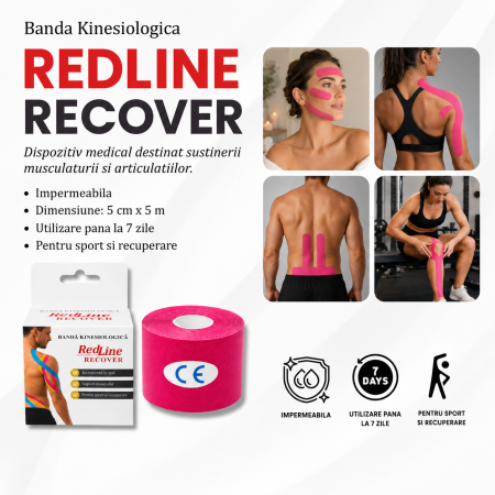 Banda Kinesiologica RedLine Recover Roz, impermeabila, fara latex, 5 cm x 5 m [3]