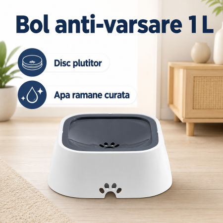 Bol apa animale, anti-varsare, cu disc plutitor, baza antiderapanta cu 4 suporturi cauciuc, materiale sigure si netoxice, 1L, Alb [1]