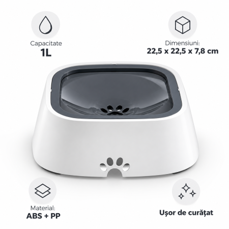 Bol apa animale, anti-varsare, cu disc plutitor, baza antiderapanta cu 4 suporturi cauciuc, materiale sigure si netoxice, 1L, Alb [3]