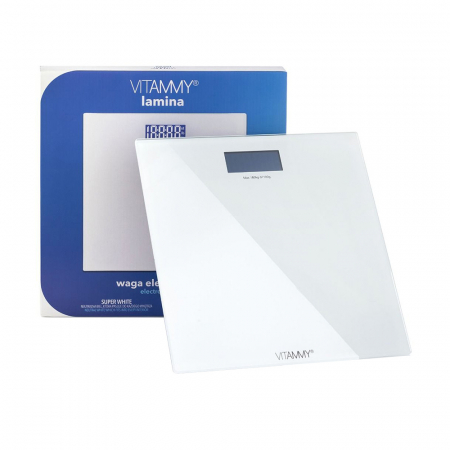 Cantare corporale - Cantar corporal electronic Vitammy Lamina, pentru copii si adulti, cu suprafata din sticla, ecran digital, tehnologie Step-on, Alb
