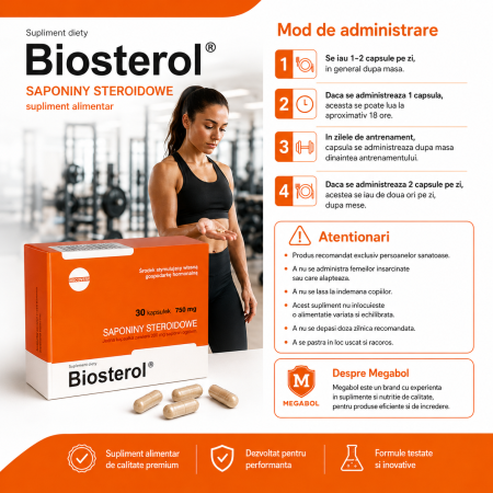 Capsule Megabol Biosterol 750 mg 30 caps, anabolizant puternic, saponine naturale ce cresc nivelul de testosteron liber [3]