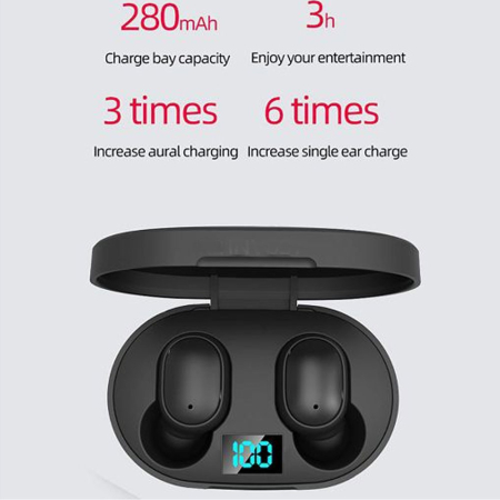 Casti wireless E6S Black, Bluetooth 5.0, pana la 10m, microfon, timp incarcare 1 ora, autonomie 3-4 ore, rezitenta la apa IPX4, Negru [5]