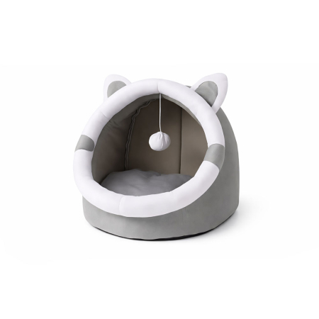 Electrocasnice & climatizare - Casuta pentru pisici tip igloo RedLine, cu jucarie, pat moale pentru pisica, interior cald si confortabil, 31x27x27 cm, Gri