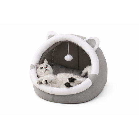 Casuta pentru pisici tip igloo RedLine, cu jucarie, pat moale pentru pisica, interior cald si confortabil, 31x27x27 cm, Gri [1]