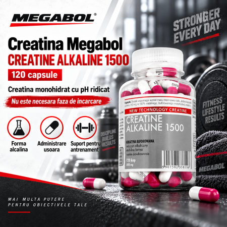 Creatina Megabol CREATINE ALKALINE 1500, 120 capsule, creatina monohidrat cu Ph ridicat, nu este necesara faza de incarcare [4]