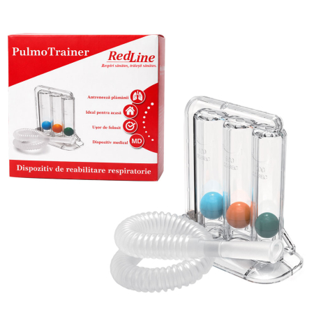 Monitorizare medicala - Dispozitiv de reabilitare respiratorie, spirometru RedLine PulmoTrainer, pentru exercitii de respiratie si antrenare pulmonara, trei camere, Alb