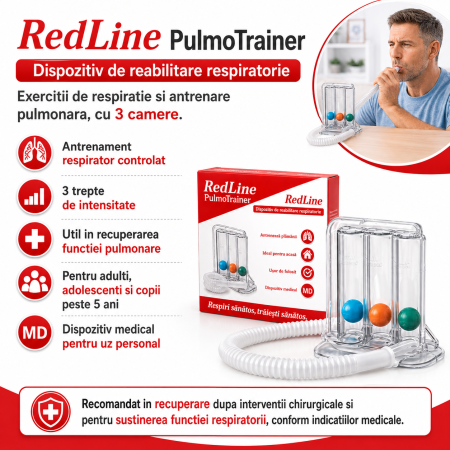 Dispozitiv de reabilitare respiratorie, spirometru RedLine PulmoTrainer, pentru exercitii de respiratie si antrenare pulmonara, trei camere, Alb [1]