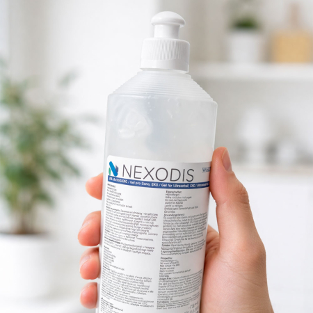 Gel ecografie Nexodis, baza apoasa, pH neutru, incolor, flacon cu capac Pull-Push, 500 g [1]