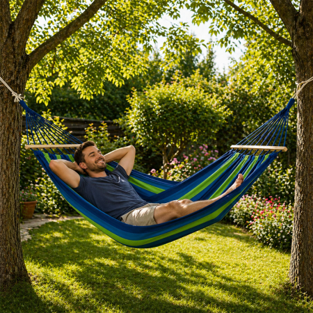 Hamac din bumbac, confortabil si rezistent, 65% bumbac, corzi si husa transport, capacitate 150 kg, 200 cm x 100 cm [3]