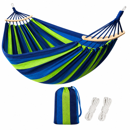 Hamac din bumbac, confortabil si rezistent, 65% bumbac, corzi si husa transport, capacitate 150 kg, 200 cm x 100 cm [1]