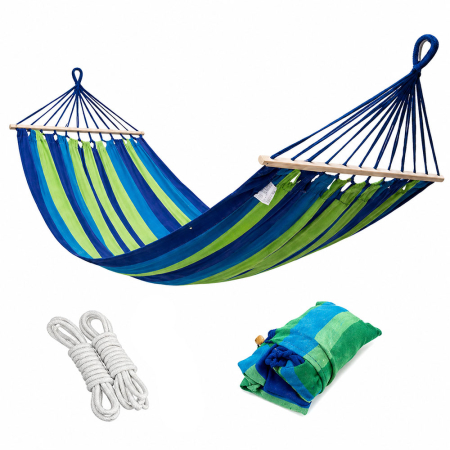 Diverse - Hamac din bumbac, confortabil si rezistent, 65% bumbac, corzi si husa transport, capacitate 150 kg, 200 cm x 100 cm