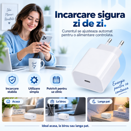 Incarcator inteligent retea PD, iesire Type-C, 20W, incarcare rapida si sigura, ajustare automata a intensitatii curentului, Alb [1]