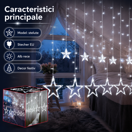 Instalatie luminoasa LED tip perdea, cu stelute, potrivita pentru Craciun, petreceri, decorarea incaperilor, lumina alba rece, 120 LED, 4.7 m lungime, Argintiu [2]