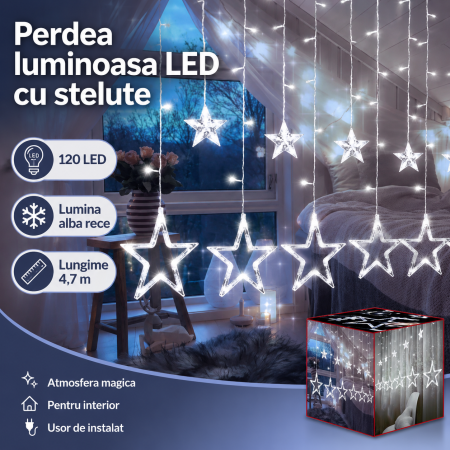 Instalatie luminoasa LED tip perdea, cu stelute, potrivita pentru Craciun, petreceri, decorarea incaperilor, lumina alba rece, 120 LED, 4.7 m lungime, Argintiu [1]