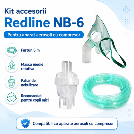 Kit accesorii pentru aparat aerosoli cu compresor Redline NB-6, furtun de 6 m si masca medie rotativa, recomandat pentru copii mici [1]