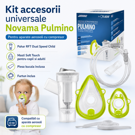 Kit accesorii universale Novama Pulmino, pentru aparate aerosoli cu compresor, pahar RF7 Dual Speed Child, masti Soft Touch pentru copii si adulti, piesa bucala, furtun [1]