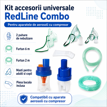 Kit accesorii universale RedLine Combo pentru aparatele de aerosoli cu compresor, 2 pahare de nebulizare, furtun 6m si 2m [1]