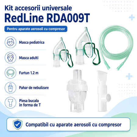 Kit accesorii universale RedLine RDA009T, pentru aparate aerosoli cu compresor, masca pediatrica, masca adulti, furtun 1.2 m, pahar de nebulizare, piesa bucala in forma de T [1]