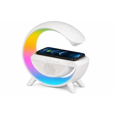 Electrocasnice mici si accesorii - Lampa LED RGB, cu boxa bluetooth si incarcare wireless, difuzor audio, lumina ambientala, suport telefon, usb, design modern, 24 x 23 x 8 cm