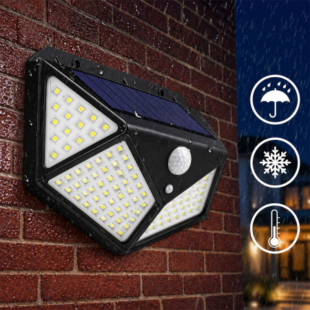 Lampa solara 100 LED, cu senzor de miscare si crepuscul, baterie incorporata 2400 mAh, prevazut cu 3 reflectoare, rezistenta la apa IP65, 3 moduri de iluminare, alb rece 6500K [8]
