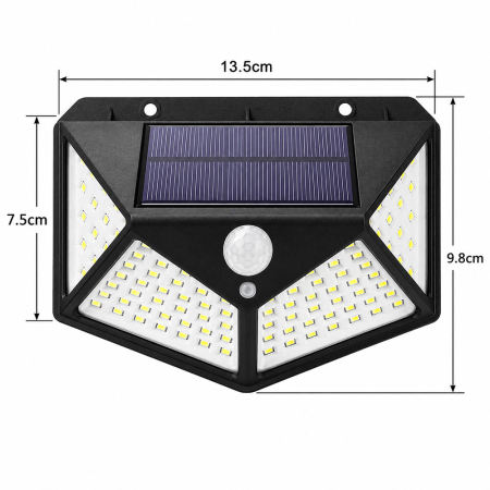 Lampa solara 100 LED, cu senzor de miscare si crepuscul, baterie incorporata 2400 mAh, prevazut cu 3 reflectoare, rezistenta la apa IP65, 3 moduri de iluminare, alb rece 6500K [3]