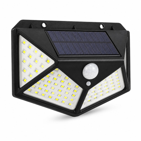 Lampa solara 100 LED, cu senzor de miscare si crepuscul, baterie incorporata 2400 mAh, prevazut cu 3 reflectoare, rezistenta la apa IP65, 3 moduri de iluminare, alb rece 6500K [0]