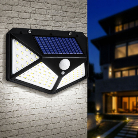 Lampa solara 100 LED, cu senzor de miscare si crepuscul, baterie incorporata 2400 mAh, prevazut cu 3 reflectoare, rezistenta la apa IP65, 3 moduri de iluminare, alb rece 6500K [5]