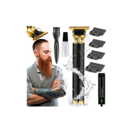 Masina de tuns profesionala T9, pentru barba, par si corp, trimmer barba si contur, otel inoxidabil, lame precise tip T-blade, cap ceramic, 4 capete atasabile, incarcare USB, rezistenta la apa [2]