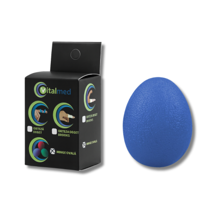 Accesorii uz spitalicesc - Mingea ovala antistres VitalMed, pentru exercitii de reabilitare, tonifiere si reducere a stresului, duritate medie, din silicon, Albastru