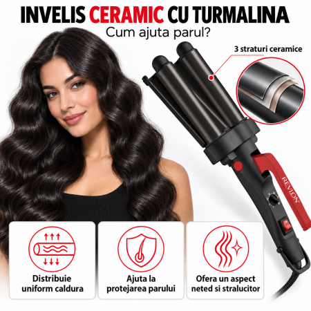 Ondulator REVLON Wave Master – Jumbo Waver RVIR3056UKE, 3 cilindri extra mari, 30 setari temperatura, invelis ceramic cu turmalina [6]