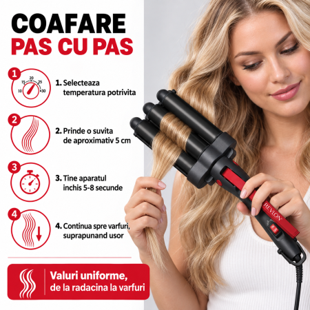 Ondulator REVLON Wave Master – Jumbo Waver RVIR3056UKE, 3 cilindri extra mari, 30 setari temperatura, invelis ceramic cu turmalina [3]