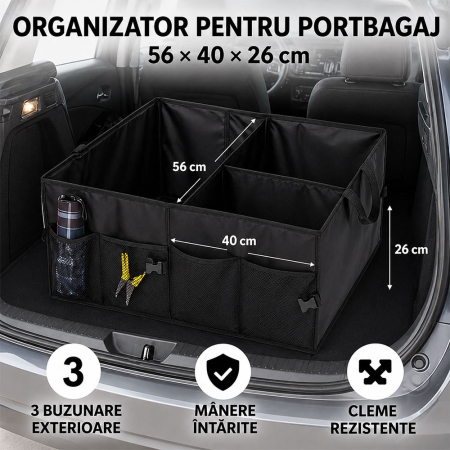 Organizator auto pentru portbagaj, din poliester gros rezistent si impermeabil, pliabil, 3 compartimente mari si 4 buzunare exterioare cu inchidere, 2 manere pentru transport, 56 x 40 x 26 cm [3]