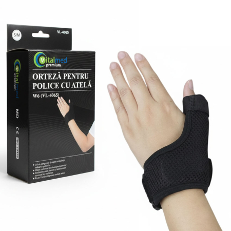Consumabile medicale - Orteza pentru police cu atela Vitalmed Premium, conceputa pentru stabilizarea si sustinerea articulatiei policelui, marime S/M, circumferinta 13 – 18 cm