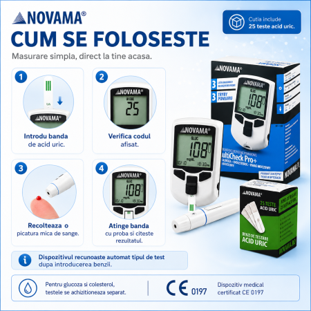 Pachet dispozitiv 3 in 1 pentru masurarea nivelului de glucoza, colesterol si acid uric Novama MultiCheck Pro + si teste acid uric, 25 teste/ cutie [3]
