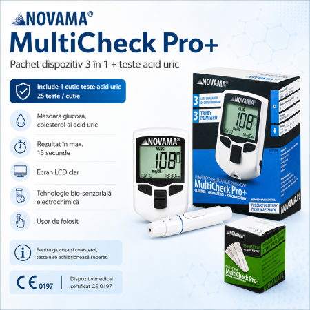 Pachet dispozitiv 3 in 1 pentru masurarea nivelului de glucoza, colesterol si acid uric Novama MultiCheck Pro + si teste acid uric, 25 teste/ cutie [1]