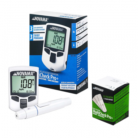 Monitorizare medicala - Pachet dispozitiv 3 in 1 pentru masurarea nivelului de glucoza, colesterol si acid uric Novama MultiCheck Pro + si teste acid uric, 25 teste/ cutie