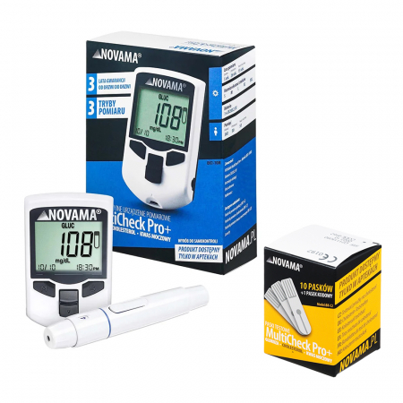 Monitorizare medicala - Pachet dispozitiv 3 in 1 pentru masurarea nivelului de glucoza, colesterol si acid uric Novama MultiCheck Pro + si teste colesterol, 10 teste/ cutie