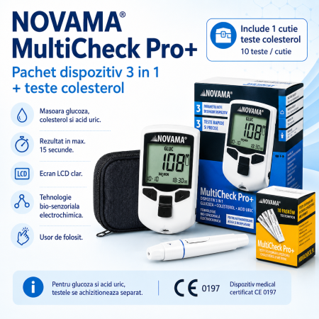 Pachet dispozitiv 3 in 1 pentru masurarea nivelului de glucoza, colesterol si acid uric Novama MultiCheck Pro + si teste colesterol, 10 teste/ cutie [1]