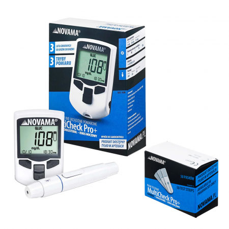 Monitorizare medicala - Pachet dispozitiv 3 in 1 pentru masurarea nivelului de glucoza, colesterol si acid uric Novama MultiCheck Pro + si teste glicemie, 50 teste/ cutie
