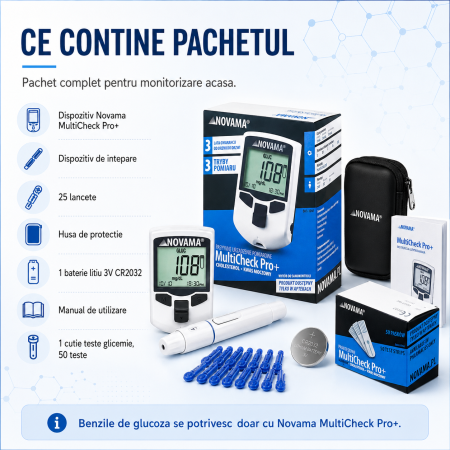 Pachet dispozitiv 3 in 1 pentru masurarea nivelului de glucoza, colesterol si acid uric Novama MultiCheck Pro + si teste glicemie, 50 teste/ cutie [3]